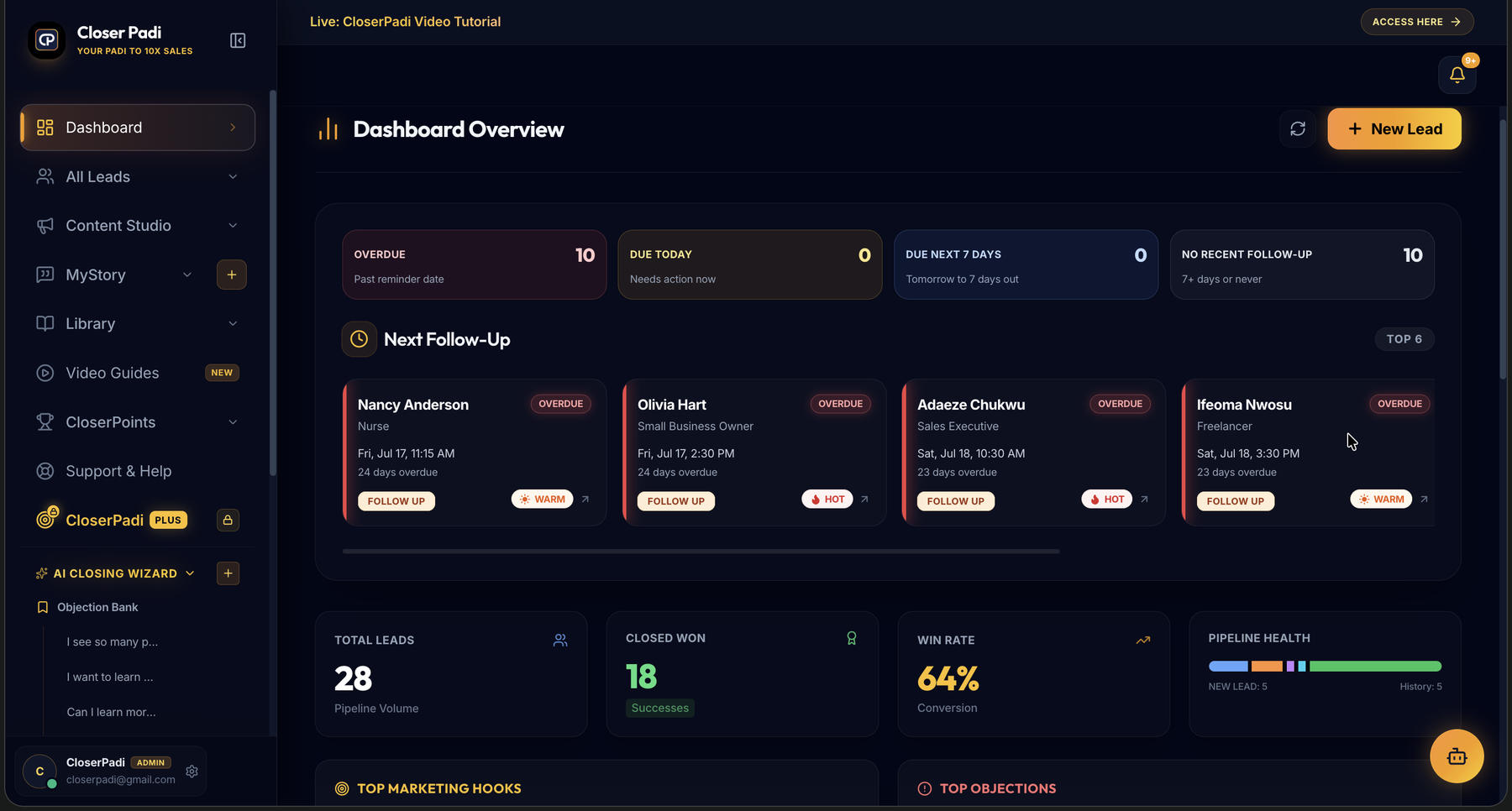 CloserPadi product interface