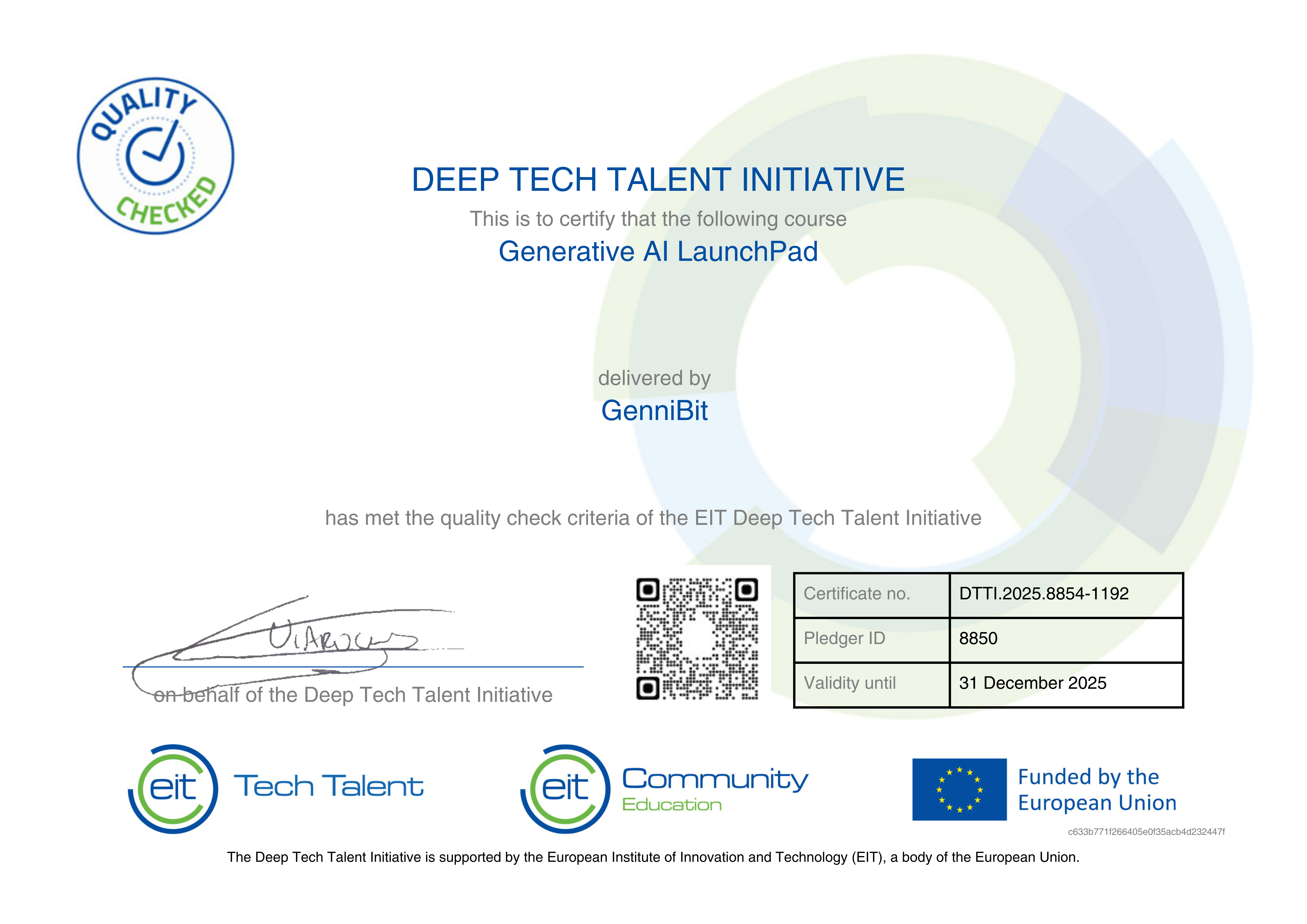 EIT Deep Tech Talent Initiative quality recognition for GenniBit