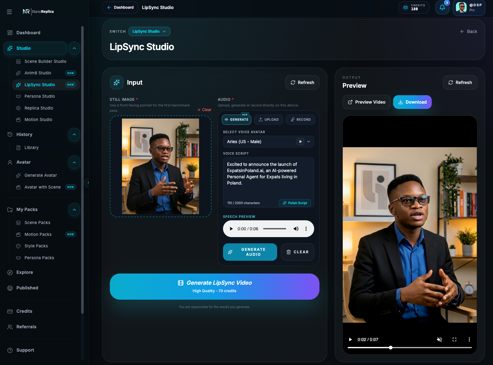 NanoReplica AI product interface, screen 1